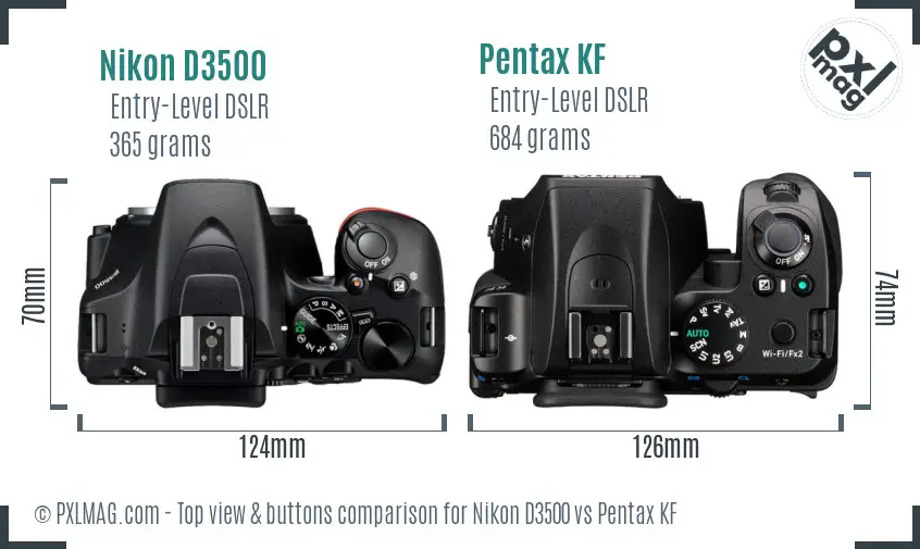 Nikon D3500 vs Pentax KF top view buttons comparison