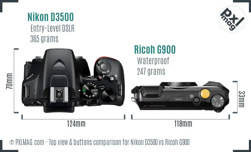 Nikon D3500 vs Ricoh G900 top view buttons comparison