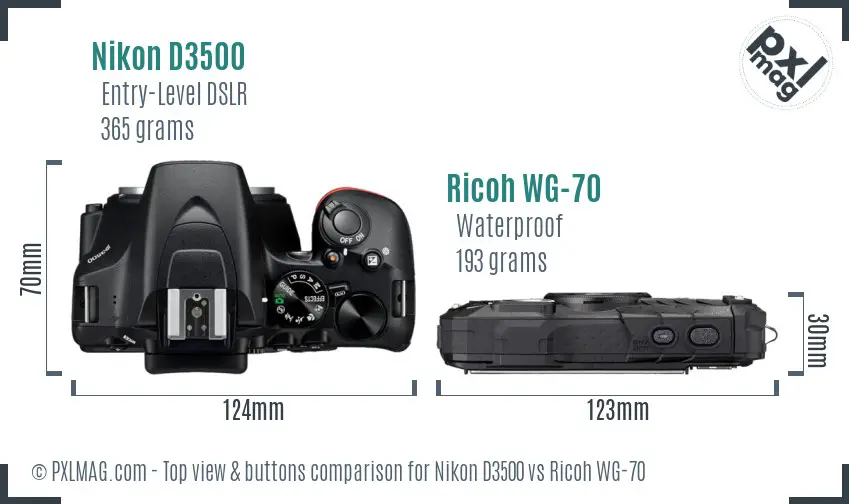 Nikon D3500 vs Ricoh WG-70 top view buttons comparison