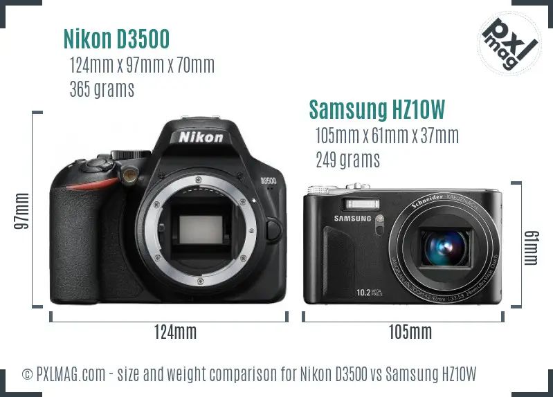 Nikon D3500 vs Samsung HZ10W size comparison