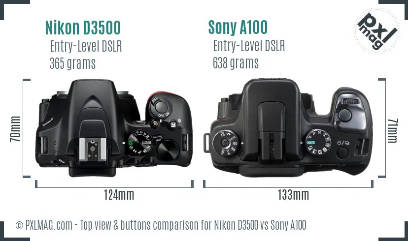 Nikon D3500 vs Sony A100 top view buttons comparison