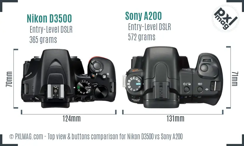 Nikon D3500 vs Sony A200 top view buttons comparison