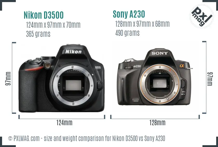 Nikon D3500 vs Sony A230 size comparison