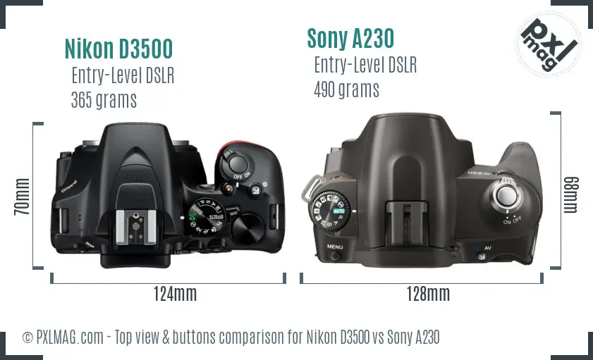 Nikon D3500 vs Sony A230 top view buttons comparison