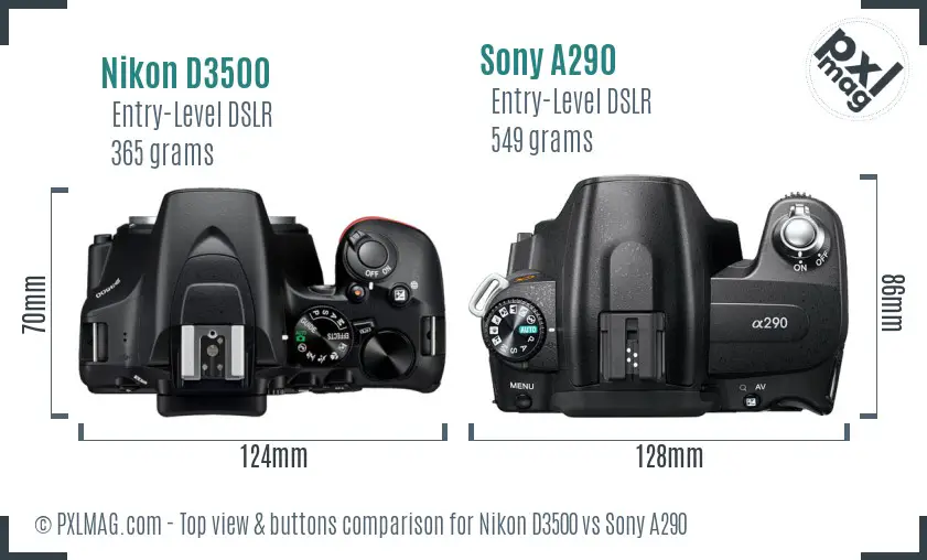 Nikon D3500 vs Sony A290 top view buttons comparison