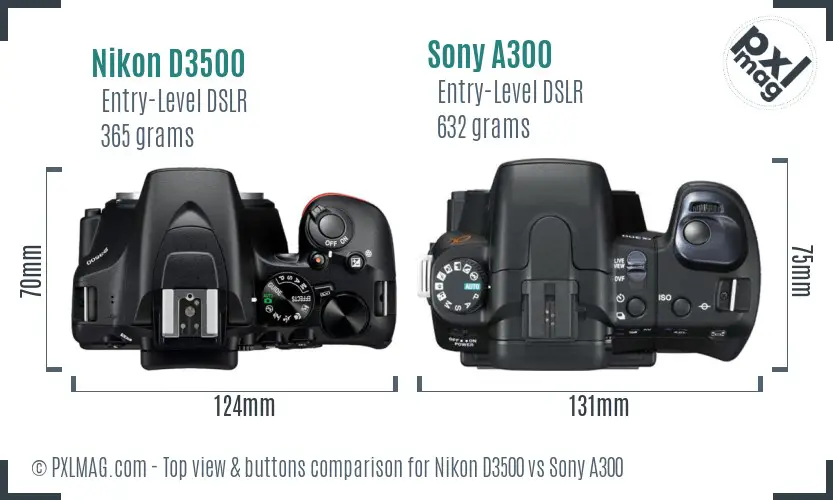 Nikon D3500 vs Sony A300 top view buttons comparison