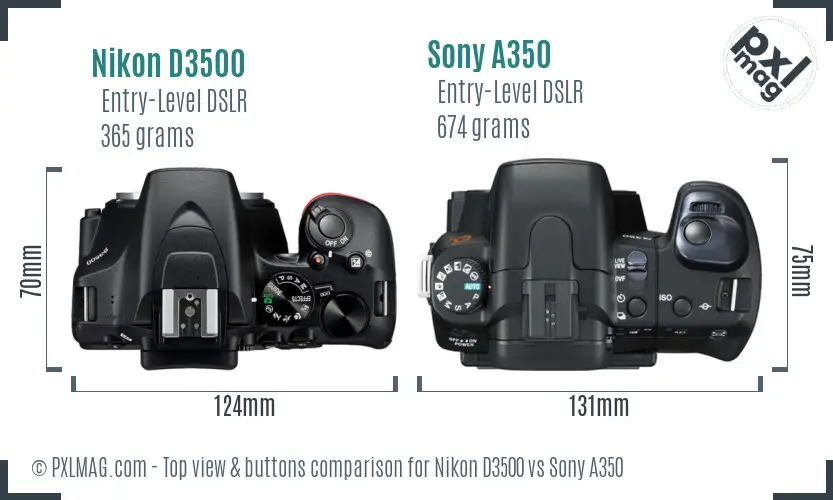 Nikon D3500 vs Sony A350 top view buttons comparison