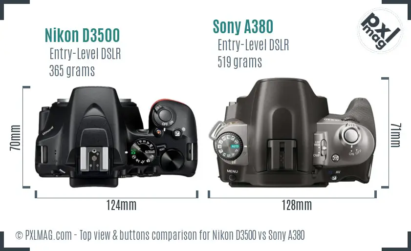 Nikon D3500 vs Sony A380 top view buttons comparison