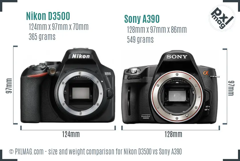 Nikon D3500 vs Sony A390 size comparison
