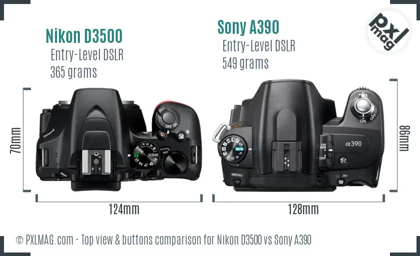 Nikon D3500 vs Sony A390 top view buttons comparison