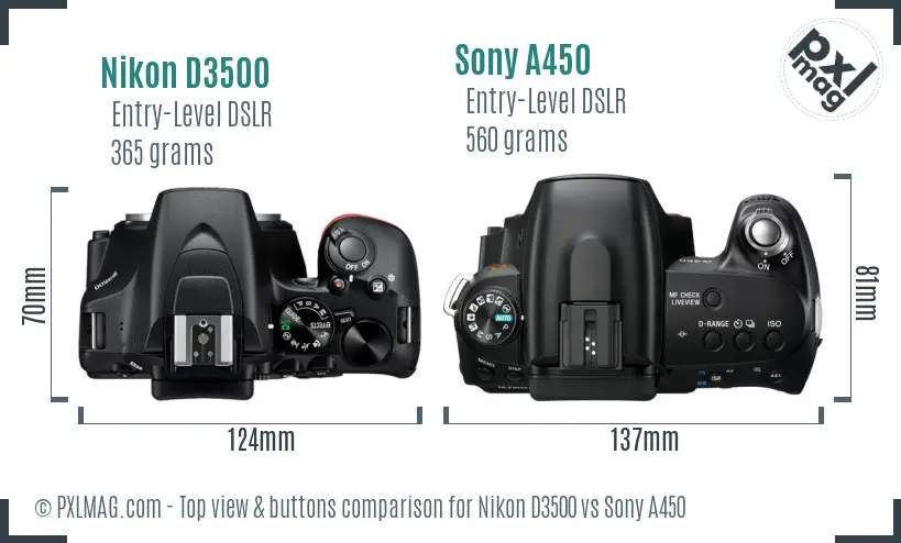 Nikon D3500 vs Sony A450 top view buttons comparison