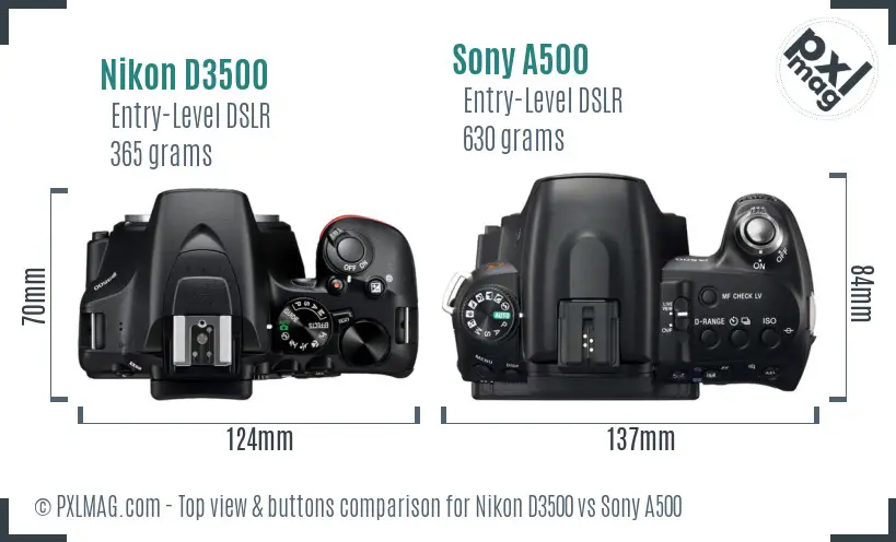 Nikon D3500 vs Sony A500 top view buttons comparison