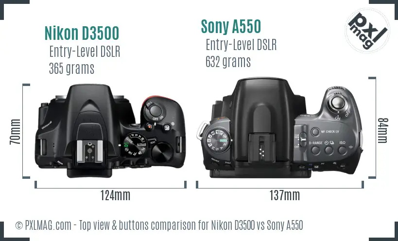 Nikon D3500 vs Sony A550 top view buttons comparison