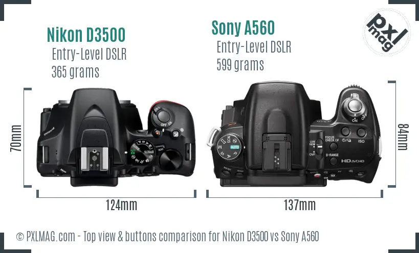 Nikon D3500 vs Sony A560 top view buttons comparison