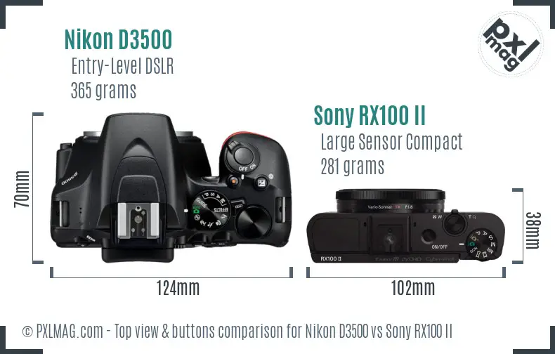 Nikon D3500 vs Sony RX100 II top view buttons comparison