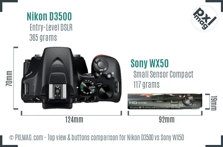 Nikon D3500 vs Sony WX50 top view buttons comparison