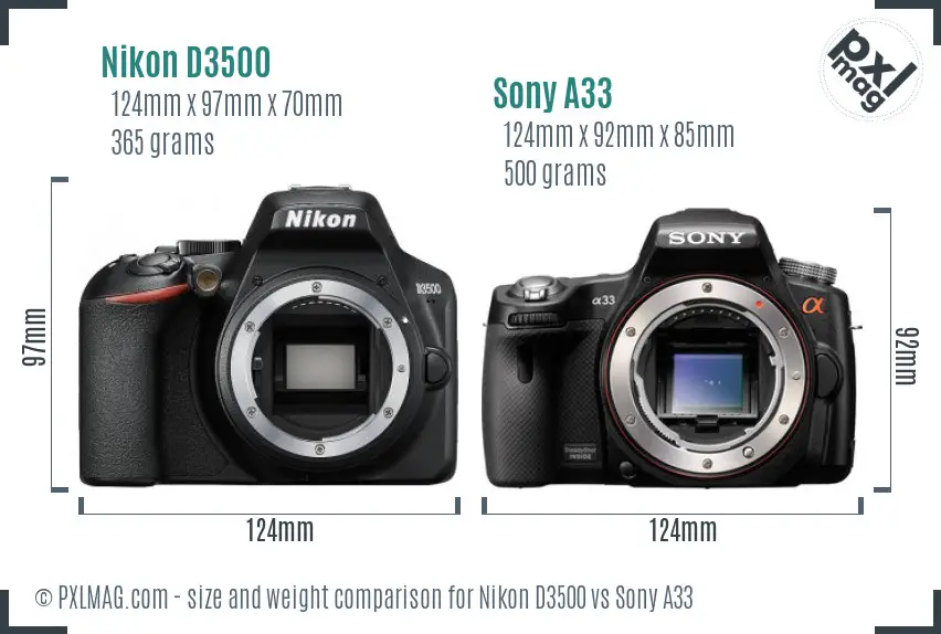 Nikon D3500 vs Sony A33 size comparison