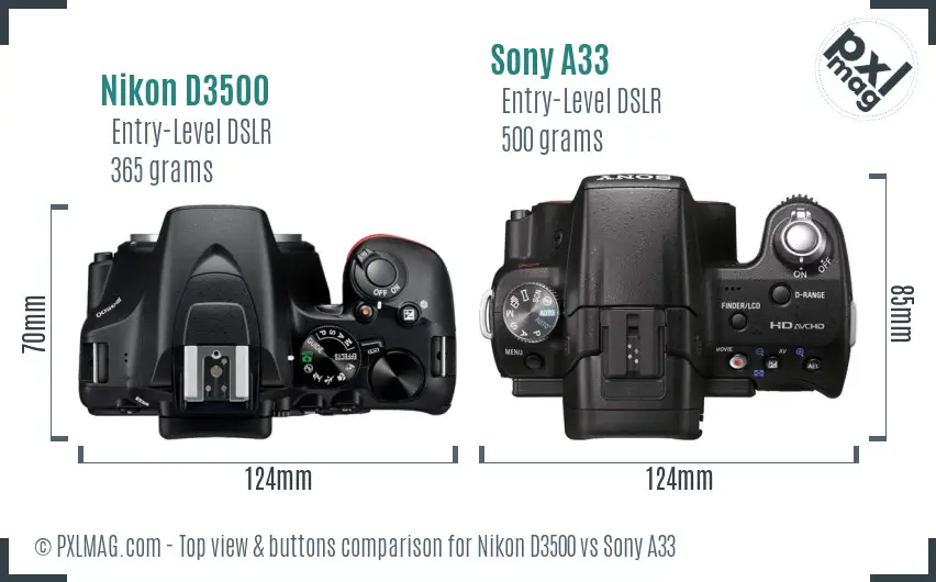 Nikon D3500 vs Sony A33 top view buttons comparison