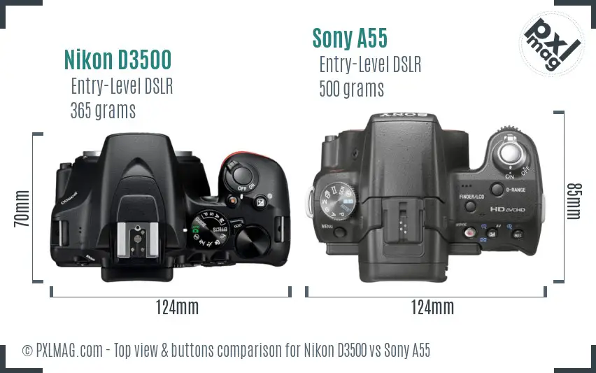 Nikon D3500 vs Sony A55 top view buttons comparison
