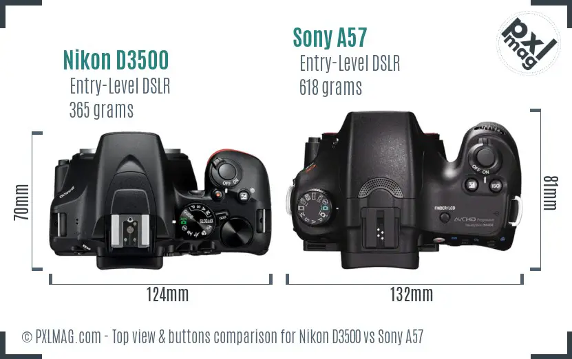Nikon D3500 vs Sony A57 top view buttons comparison
