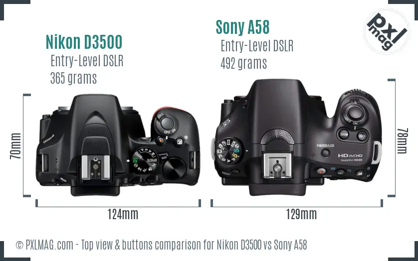 Nikon D3500 vs Sony A58 top view buttons comparison