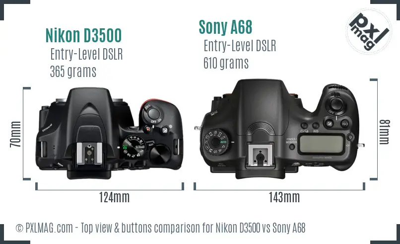 Nikon D3500 vs Sony A68 top view buttons comparison