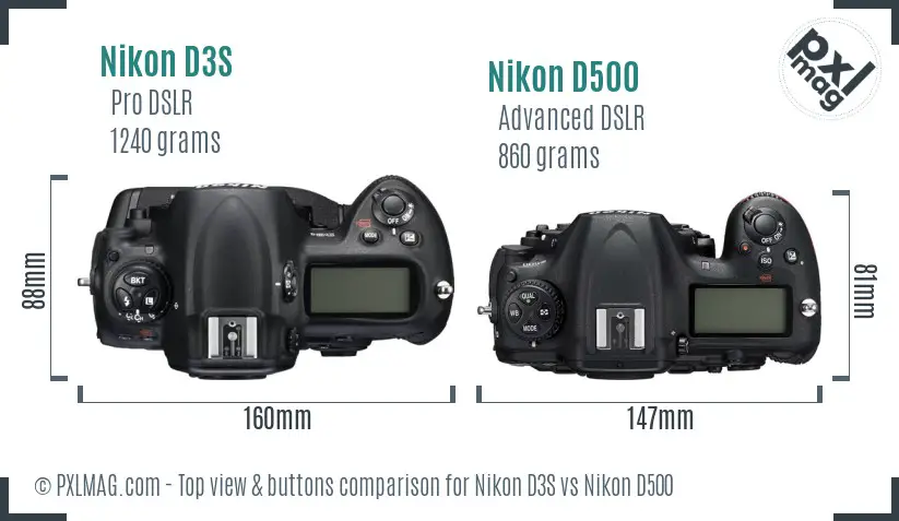 Nikon D3S vs Nikon D500 top view buttons comparison