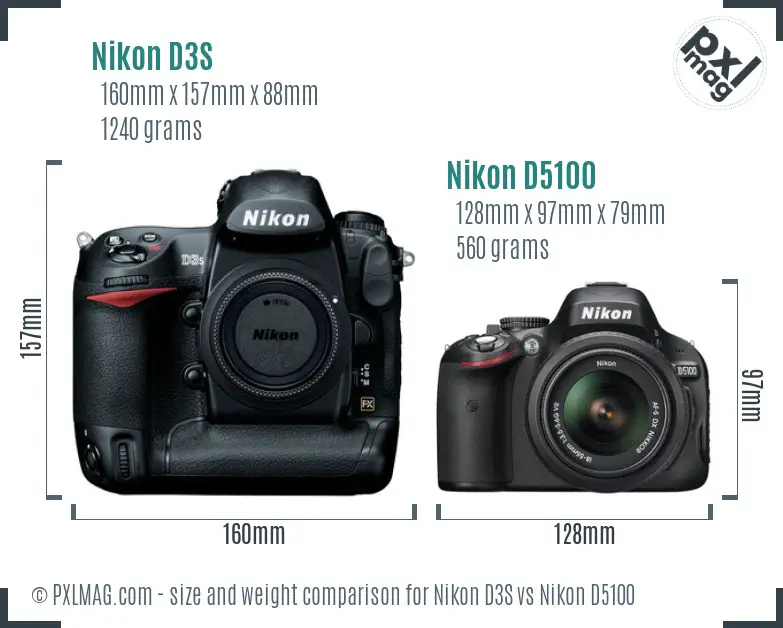 Nikon D3S vs Nikon D5100 size comparison