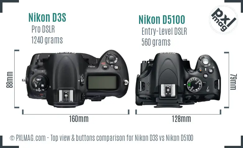 Nikon D3S vs Nikon D5100 top view buttons comparison