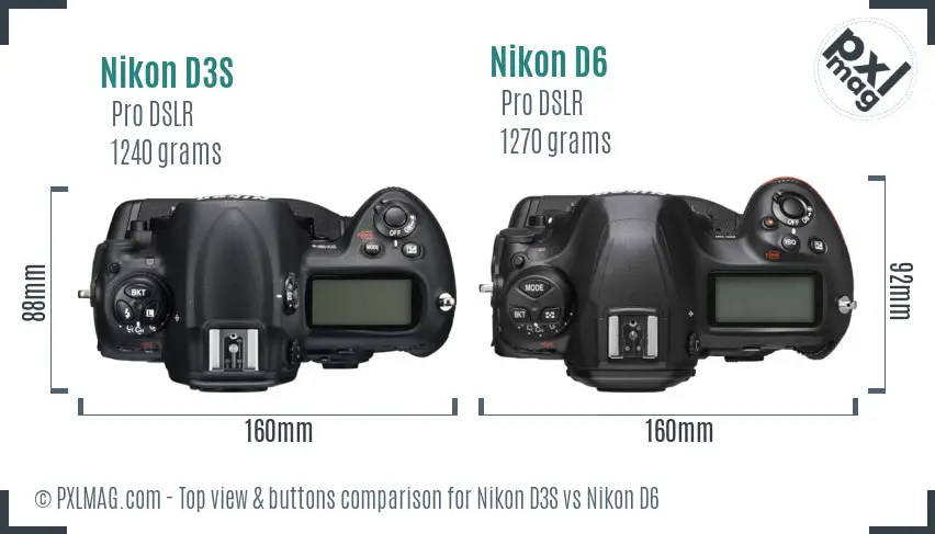 Nikon D3S vs Nikon D6 top view buttons comparison