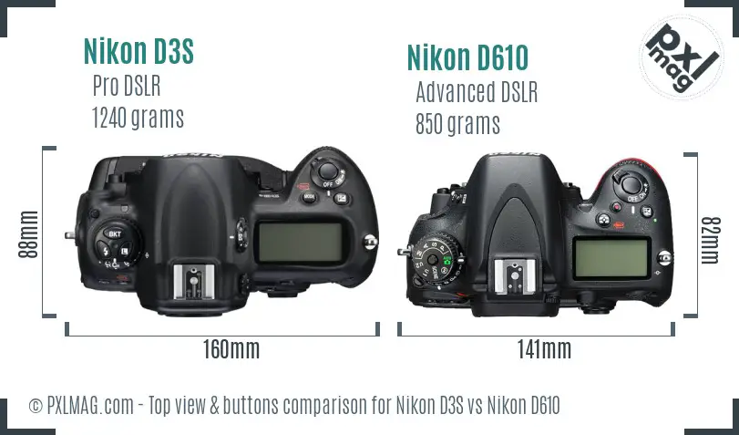 Nikon D3S vs Nikon D610 top view buttons comparison Nikon D3S vs Nikon D610 top view buttons comparison