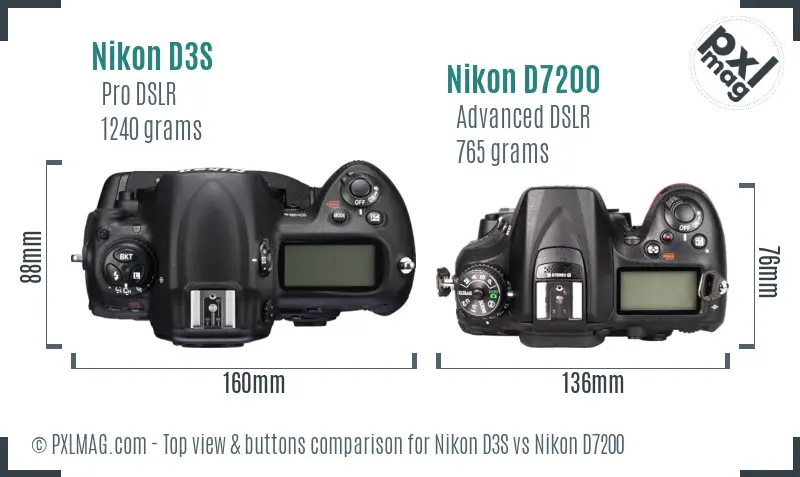 Nikon D3S vs Nikon D7200 top view buttons comparison Nikon D3S vs Nikon D7200 top view buttons comparison