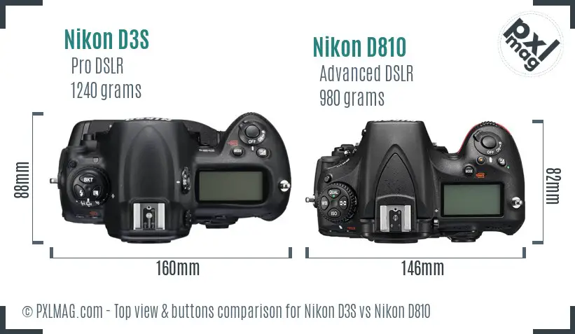 Nikon D3S vs Nikon D810 top view buttons comparison