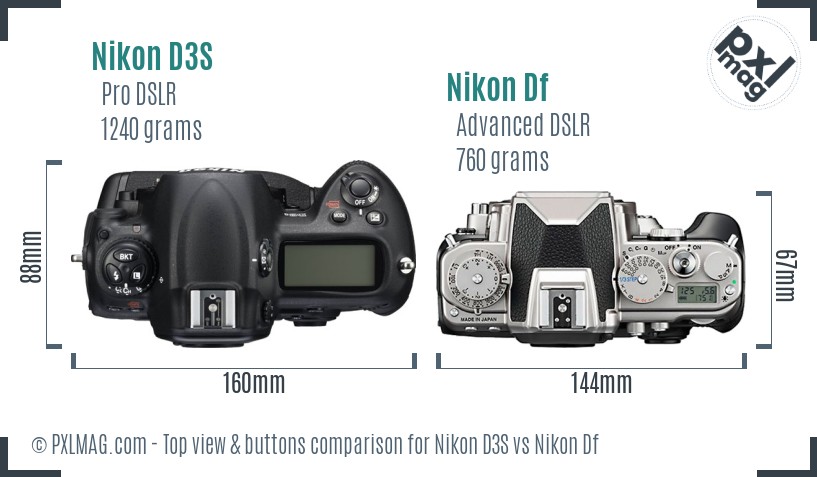 Nikon D3S vs Nikon Df top view buttons comparison