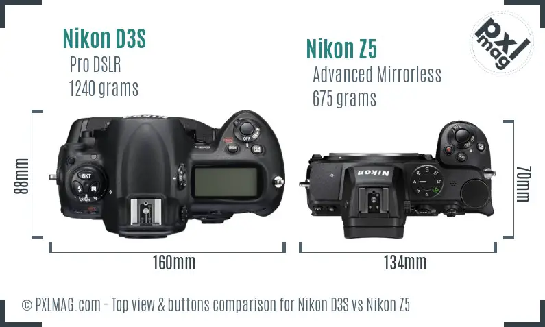 Nikon D3S vs Nikon Z5 top view buttons comparison
