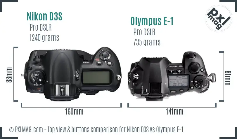 Nikon D3S vs Olympus E-1 top view buttons comparison