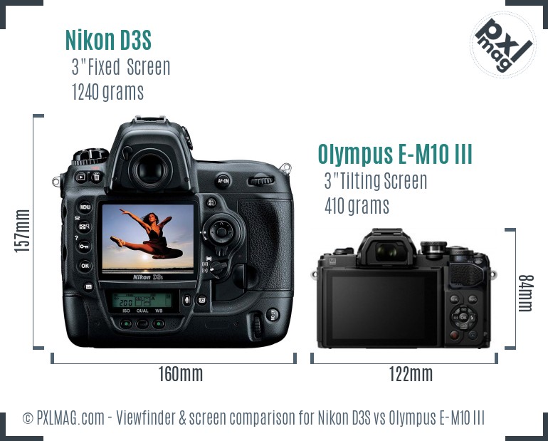 Nikon D3S vs Olympus E-M10 III Screen and Viewfinder comparison
