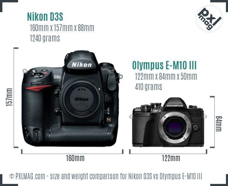 Nikon D3S vs Olympus E-M10 III size comparison