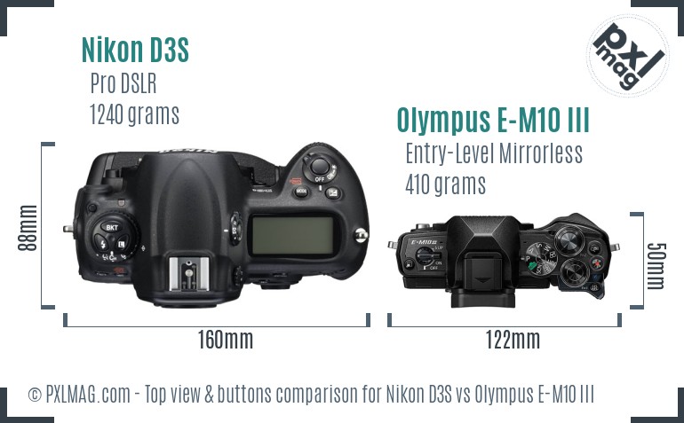 Nikon D3S vs Olympus E-M10 III top view buttons comparison