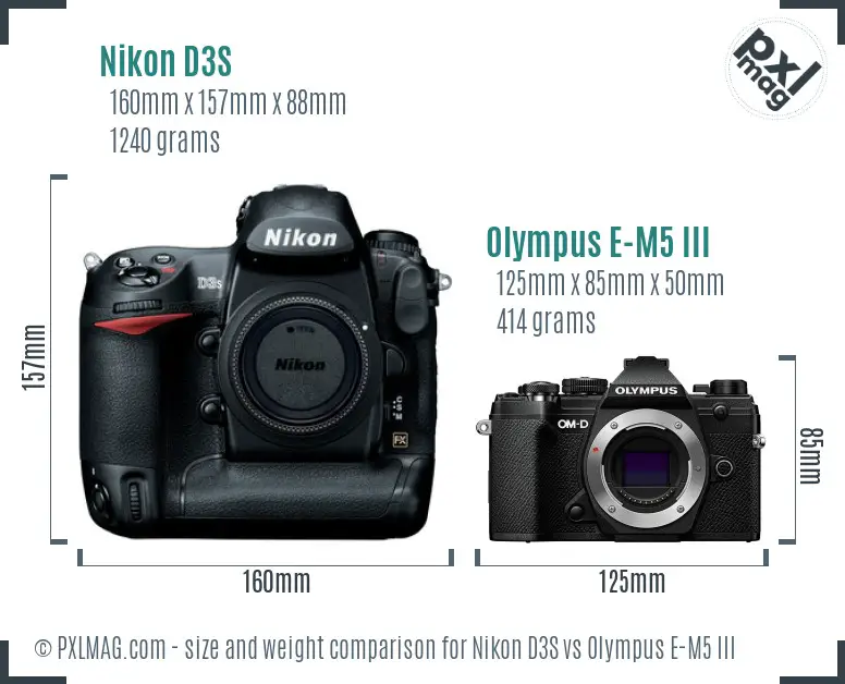 Nikon D3S vs Olympus E-M5 III size comparison