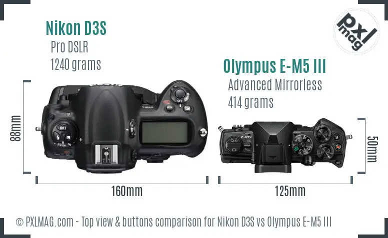 Nikon D3S vs Olympus E-M5 III top view buttons comparison