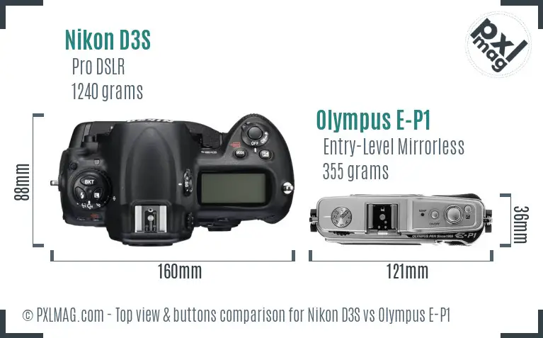 Nikon D3S vs Olympus E-P1 top view buttons comparison