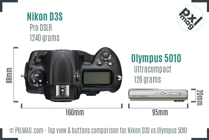 Nikon D3S vs Olympus 5010 top view buttons comparison