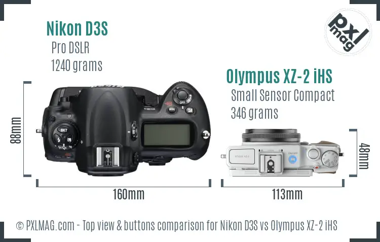 Nikon D3S vs Olympus XZ-2 iHS top view buttons comparison