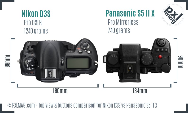 Nikon D3S vs Panasonic S5 II X top view buttons comparison