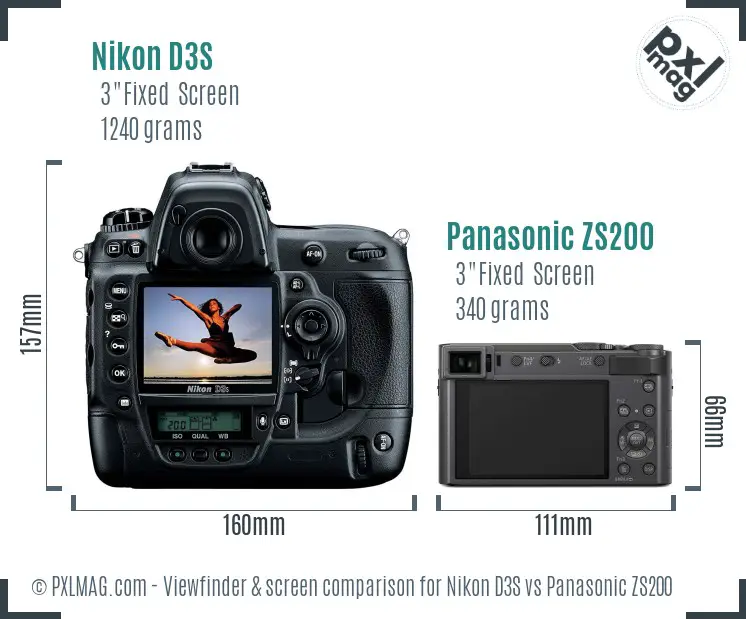 Nikon D3S vs Panasonic ZS200 Screen and Viewfinder comparison