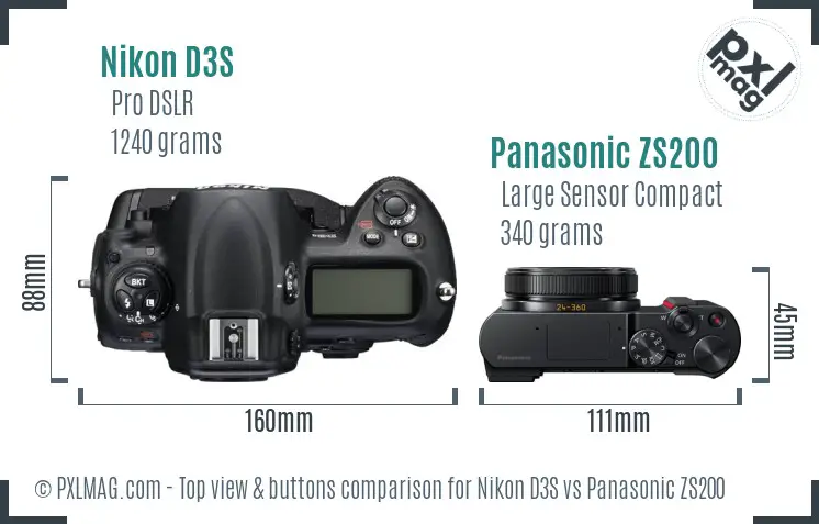Nikon D3S vs Panasonic ZS200 top view buttons comparison