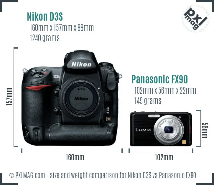 Nikon D3S vs Panasonic FX90 size comparison