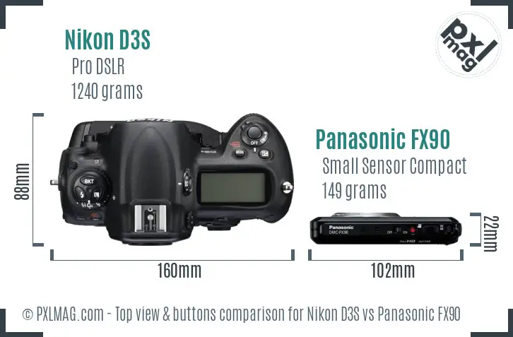 Nikon D3S vs Panasonic FX90 top view buttons comparison