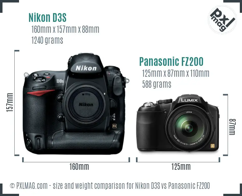 Nikon D3S vs Panasonic FZ200 size comparison